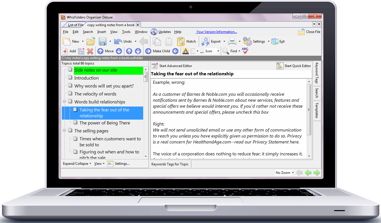 Outline Software being used for copy writing notes