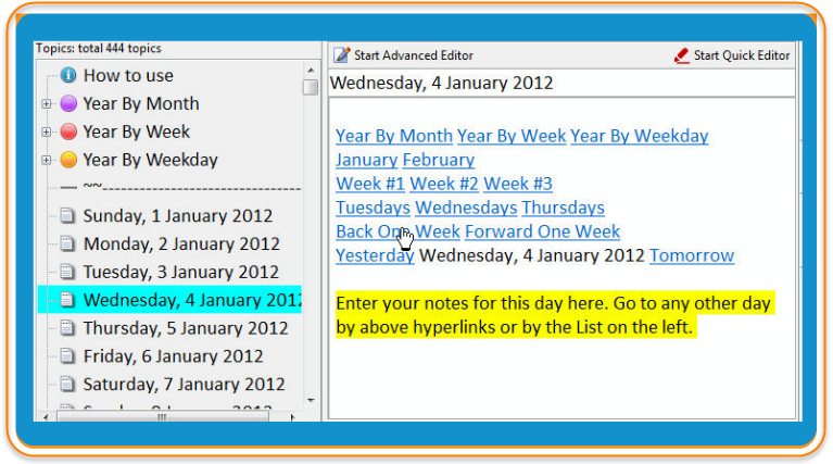Note-taking software showing a text calendar with hyperlinks